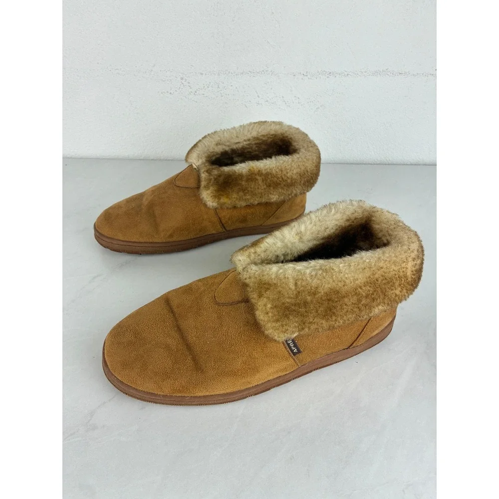 Apres Tan Suede Bootie Slippers - 9 - Wool Lined Faux Fur #Cozy #Winter #Cabin